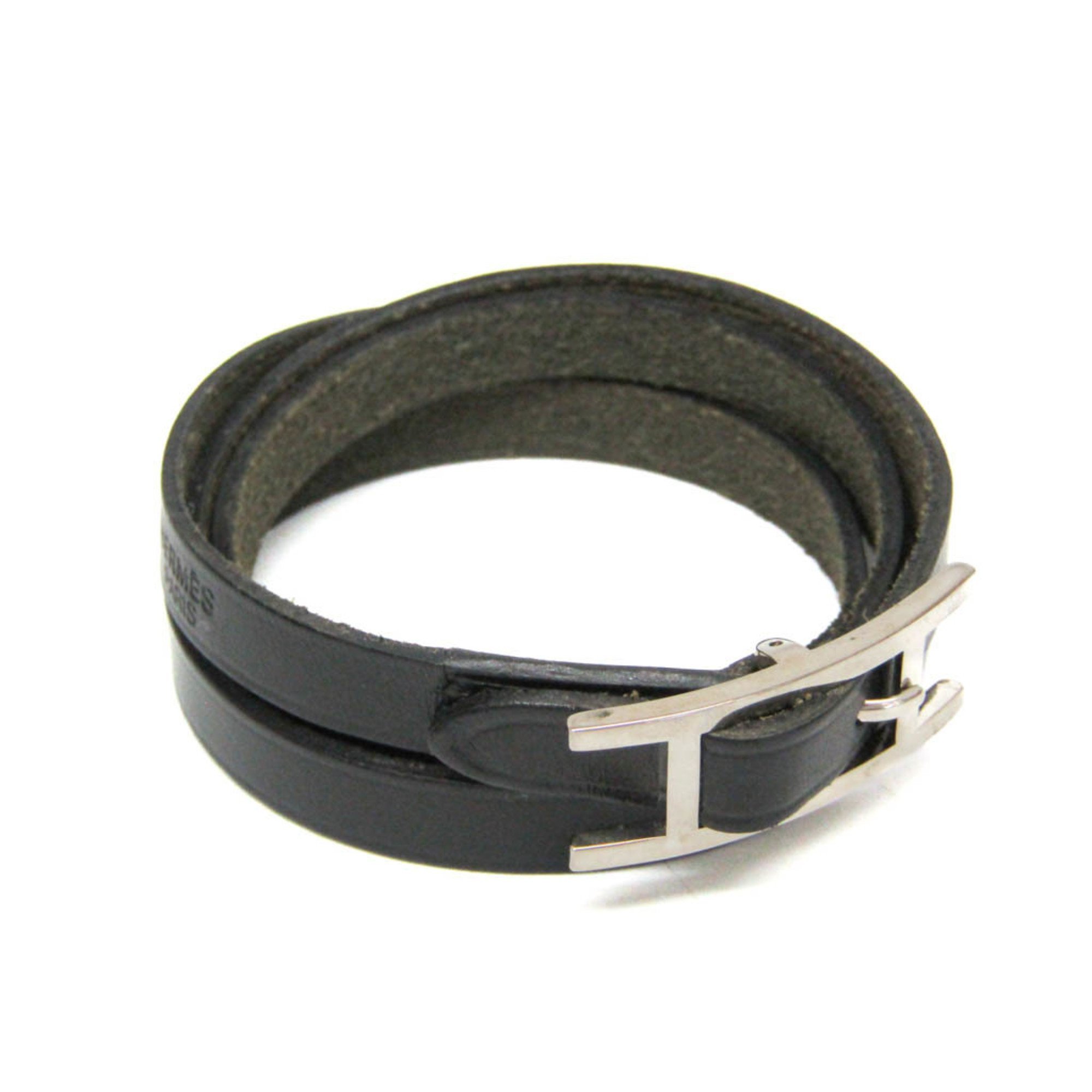 Hermes Hapi Triple Bracelet Choker Leather,Metal Bangle Black,Silver